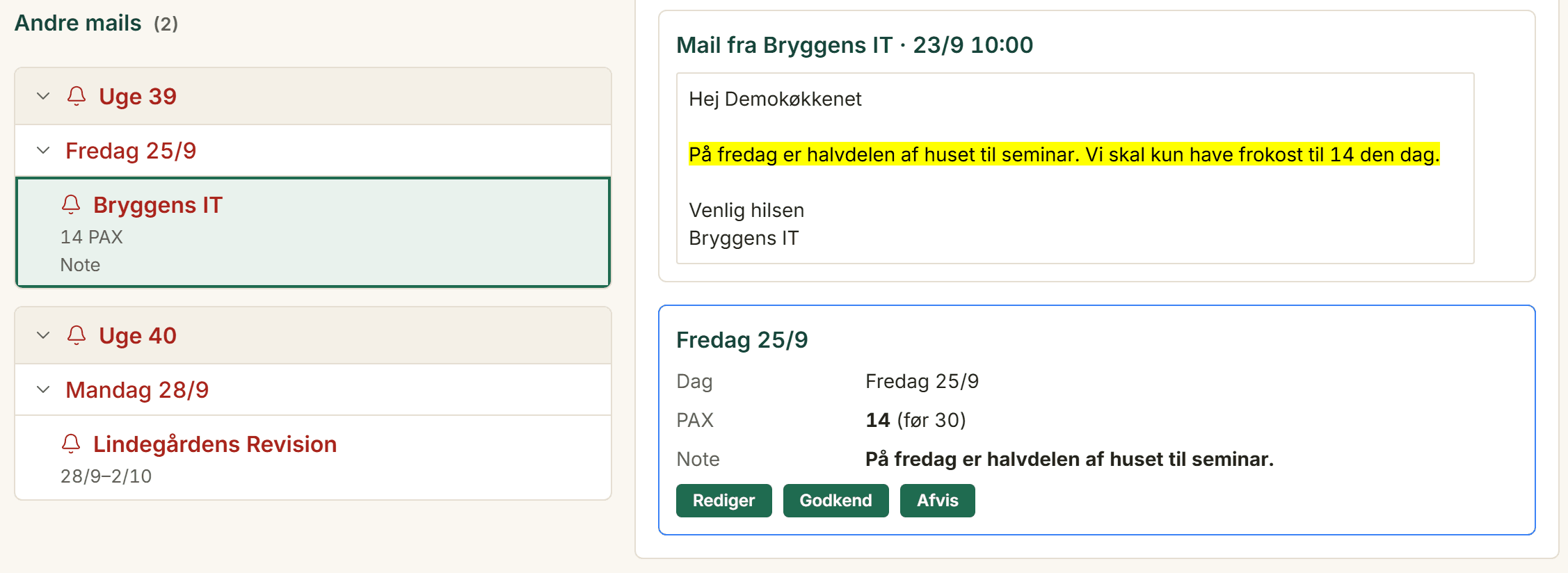 Forslagslisten i CateringPlanner med den oprindelige mail over forslaget